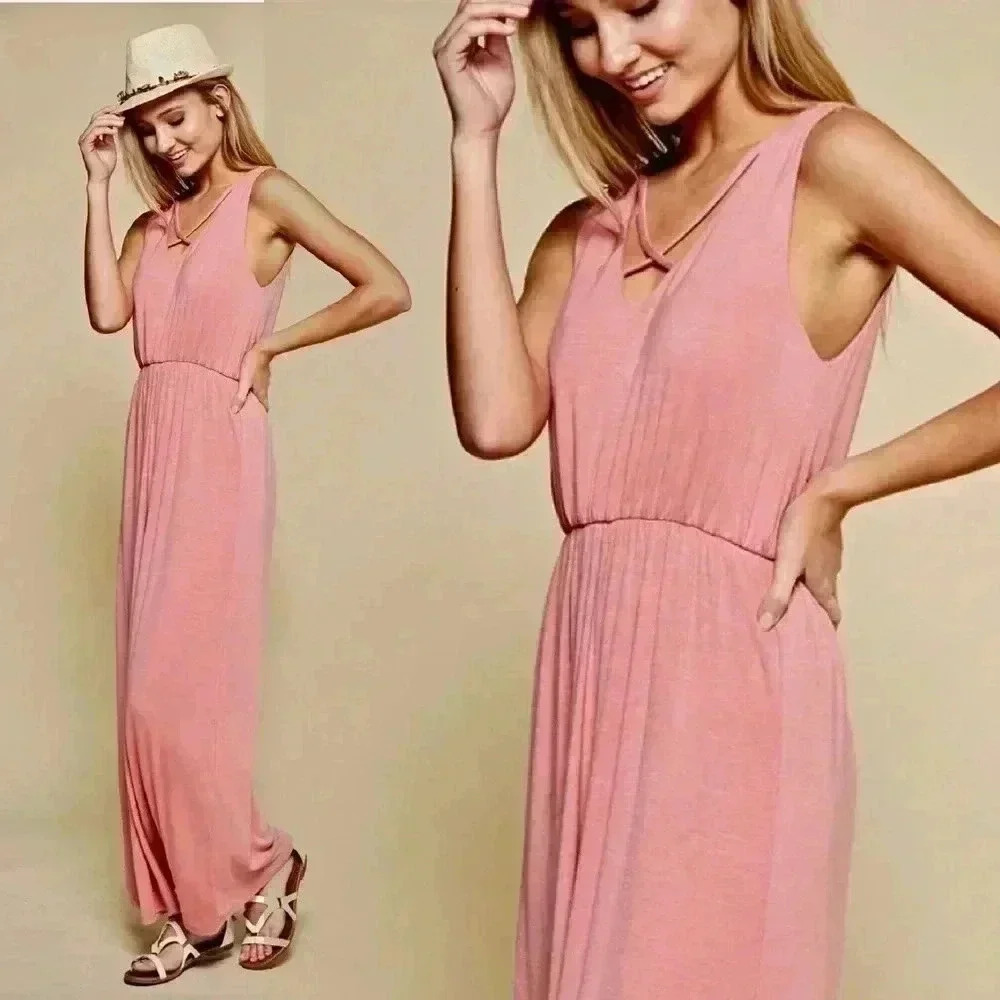 "Mac" Criss Cross V-neck Maxi Dress in Coral Only